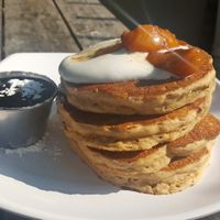 Peaches and cream vegan pancakes  at The Angry Baker - Olde Towne East in Columbus