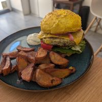 Yummy homemade burger pattie at Le Rouge-gorge Restaurant in Menton