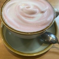 Pink Latte… not pictured but great too: oat capuccino, almond milk chai latte, oat milk golden latte & hot apple-ginger-cinnamon.   at Nöje   in Brussels