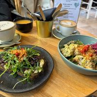 Smørrebrød with Soup and Protein Salad with Cappucino and London Vanilla Fog  at Nöje   in Brussels