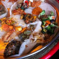 Vegan tasty taster plate with injera: 29 euros for two people, 14 euros for one. at Adulis in Stuttgart