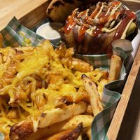 Double cheeseburger with cheesy marmite fries at Samphire Brasserie in Plymouth