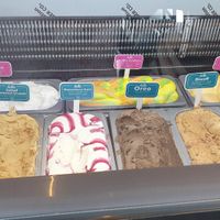 Back 3 pink labels are vegan. Lemon sorbet, mango sorbet and rainbow sorbet. at Sideshow Burgers in Kyneton