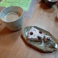 Lovely little tofu cheesecake (the crust was yummy) with soy milk latte at Bon On Shya International Cafe in Koya