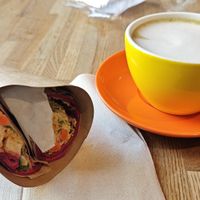 Soy chicken wrap with blueberry matcha latte at Caffeine - Aspazijas in Riga