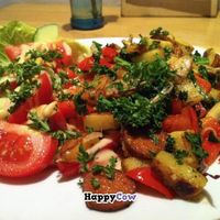 Wintery Pan Roast with potatos, Spanish vegan 'Chorizo', Grilled peppers, Champignons and Kale, served with a fresh salad of crispy lettuce, fresh tomatoes, pine nuts and pumpkin seeds! at Flax in Dresden
