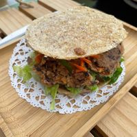 veg burger arepa at Clover Coffee + MarketPlace in Oranjestad