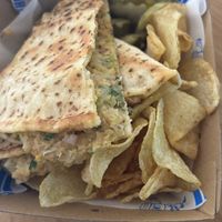 Pop up Tues to Thursday in August. Chickpea toastie on flatbread. Great flavour  at GingerSnap Patisserie in West Melbourne