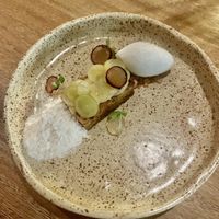 First dessert- banana cake with coconut ice cream and crystallized sugar  at Infini in Noord