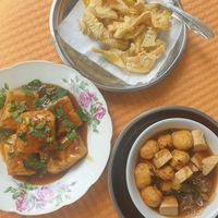 Tofu 3 ways, fried jackfruit at Karyam Chandrika in Munduk