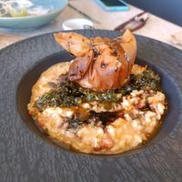 Arborio risotto with chopped sun-dried tomatoes, finished with crispy yam burrata and balsamic reduction at Kantina Prestes in Natal