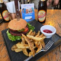 Vegan burger and fries at The Exit Inn in Antigua