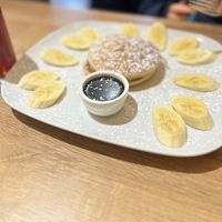 The kids meal deal with chocolate sauce and banana  at Wild Wee Pancakes in Inverness