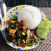 Basil stir fry with rice (and extra tofu) 60TBH   at Big Blue Cow in Phuket