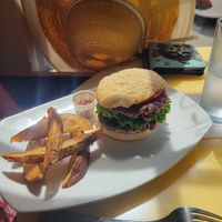 Double Impossible Burger with potato wedges at Bread and Chocolate Vegan Bistro in George Town