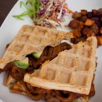 Pulled Seitan Waffle Sandwich with Bourbon-Pepper BBQ Sauce at Graze in Vancouver