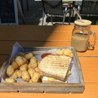 Vegan breakfast sandwich with vegan egg, sausage and cream cheese    at October Cafe in Chicago