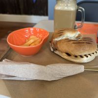 Latte and bagel with vegan cream cheese   at October Cafe in Chicago