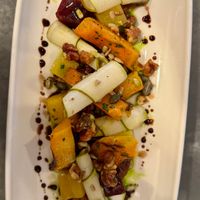 ROASTED & PICKLED BEETROOTS, ROAST BUTTERNUT SQUASH, pickled
pear, candied walnuts, spiced apple chutney, toasted seeds, cold pressed Bath
harvest lemon rapeseed oil at Clayton's Kitchen in Bath