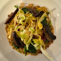 TOASTED FREGOLA PASTA, PENNY BUN MUSHROOM SAUCE, sautéed portobello mushroom, vegan
almond parmesan cheese, chargrilled sweetcorn, black truffle oil, crispy parsnips at Clayton's Kitchen in Bath