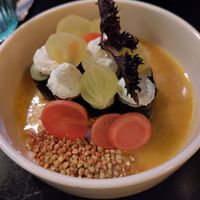 Leek mosaic with miso butter sauce at Planttrekkerij  in Antwerpen