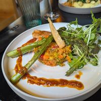 main: paella with green asparagus & preserved lemon at Planttrekkerij  in Antwerpen