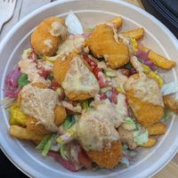 Crispy chicken bowl on fries at Vegholic in Toronto