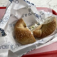 Bagel and tofu, scallion cream cheese  at Bagels & Co in New York City
