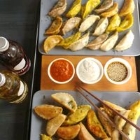 Half panfried - half steamed (vegan platter) at Momos - Organic Veggie Dumplings in Berlin