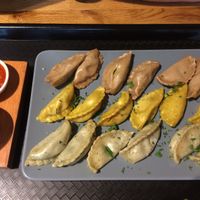 Spinach/cheese, pumpkin/chickpea and broccoli/shiitake/tofu dumplings  at Momos - Organic Veggie Dumplings in Berlin