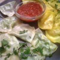 Momos dumplings w/ spicy dip at Momos - Organic Veggie Dumplings in Berlin