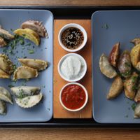 Sample platter of all six stuffings, all three dips, half steamed, half fried. at Momos - Organic Veggie Dumplings in Berlin