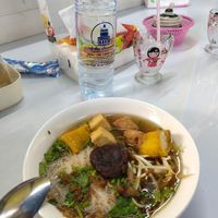 Noodle soup with mushroom, sprouts, home made tofu and home made vegan meatballs at Krua Sawan - ครัวสวรรค์ in Mae Klong