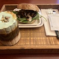Mushroom ciabatta sandwich and pistachio cold-foam latte (house specialty coffee drink)  at Ashville Bakery Cafe - 애쉬빌 베이커리 카페 in Seoul