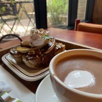 Hot chocolate with Chocolate Banana Toast  at Ashville Bakery Cafe - 애쉬빌 베이커리 카페 in Seoul