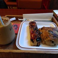 Mushroom & Potato Ciabatta, Tomato & Basil Focaccia and Cafe Latte (with Oat Milk) at Ashville Bakery Cafe - 애쉬빌 베이커리 카페 in Seoul