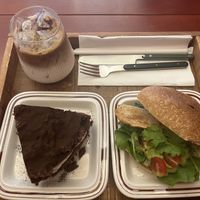 Guacamole sandwich, iced vanilla bean latte, and devil’s cake, all yummy!  at Ashville Bakery Cafe - 애쉬빌 베이커리 카페 in Seoul