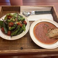 House salad with balsamic glaze and tomato soup  at Ashville Bakery Cafe - 애쉬빌 베이커리 카페 in Seoul