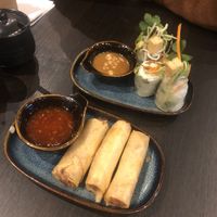 Vegan spring rolls with sweet chilli, and vegan summer rolls with peanut dip    at Pho 179 in Sunderland