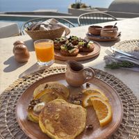 Pancakes with syrup  at Ethos Vegan Retreat in Santorini