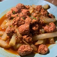 Patatas con chorizo vegano  at La Galla Tasca Vegana in Barcelona