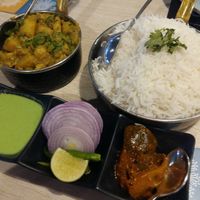 Vegan aloo gobi with basmati rice at Kailash Parbat Pure Vegetarian Restaurant in Phuket