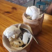 Coconut + coconut and jackfruit icecream with Oreo topping at Bikini Toppings in Malacca
