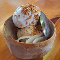 Coconut icecream (plain & jackfruit flavour) with peanut topping and coconut flesh. at Bikini Toppings in Malacca