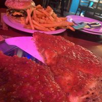 traditional deep dish and a burger with a mountain of delicious fries omnomnomnomnom   at Kitchen 17 in Chicago