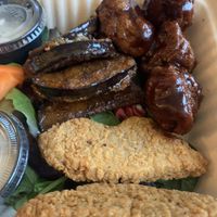 3 wing sampler, “chicken”, eggplant, seitan   at Caffe at Amy's in Buffalo