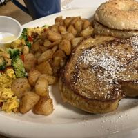 LA french toast with tofu scramble, a bagel, and home fries  at Caffe at Amy's in Buffalo