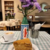 Honey cake and cappuccino. at Plantastic Kitchen in Tbilisi