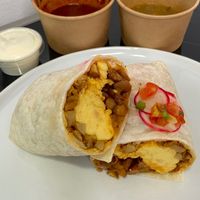 breakfast burrito - xmas style - sauce on the side (plated at home) at Bang Bang Cafe in Seattle