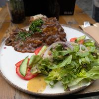Sour stew with mushrooms and mash at avant garden in Maastricht